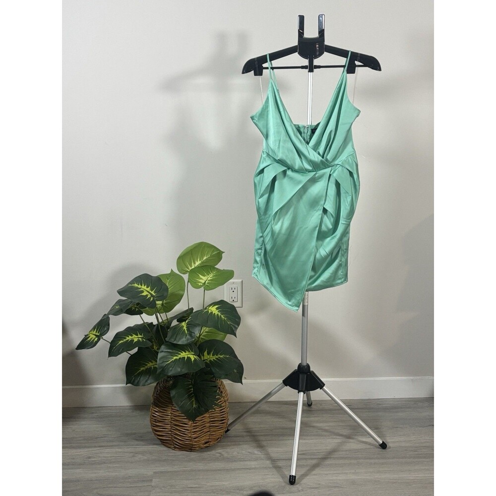 bebe Green Satin Sleeveless Wrap Bodycon Dress Spaghetti Strap Size S